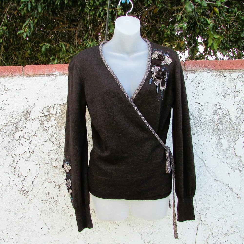 Bandolera brown embellished wool wrap sweater 44